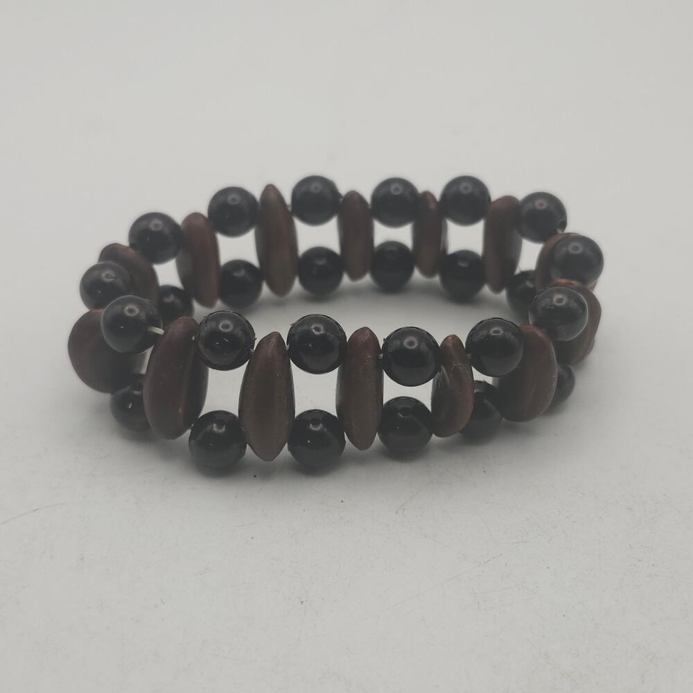 Black Brown Wood Beaded Stretch Bracelet Wide Cuff Chunky Boho Statement Jewelry
